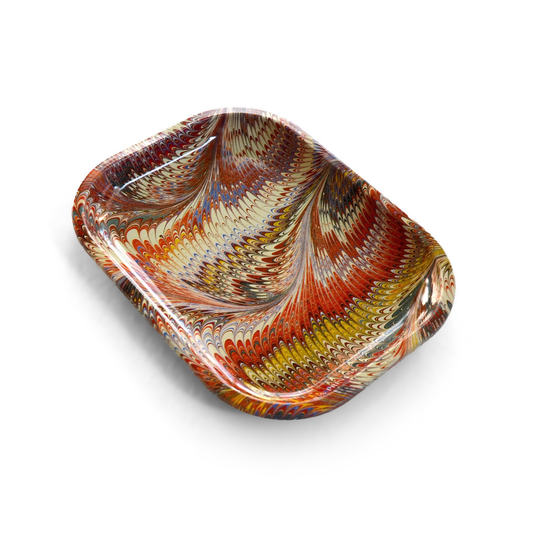 Trippy Marble Paper Pattern Red and Gold Metal Trinket Tray