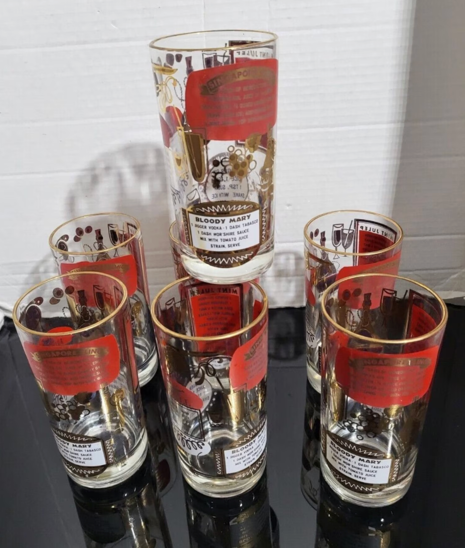Mid-Century Modern Red & Gold Highball Glasses - ONE OF ONE